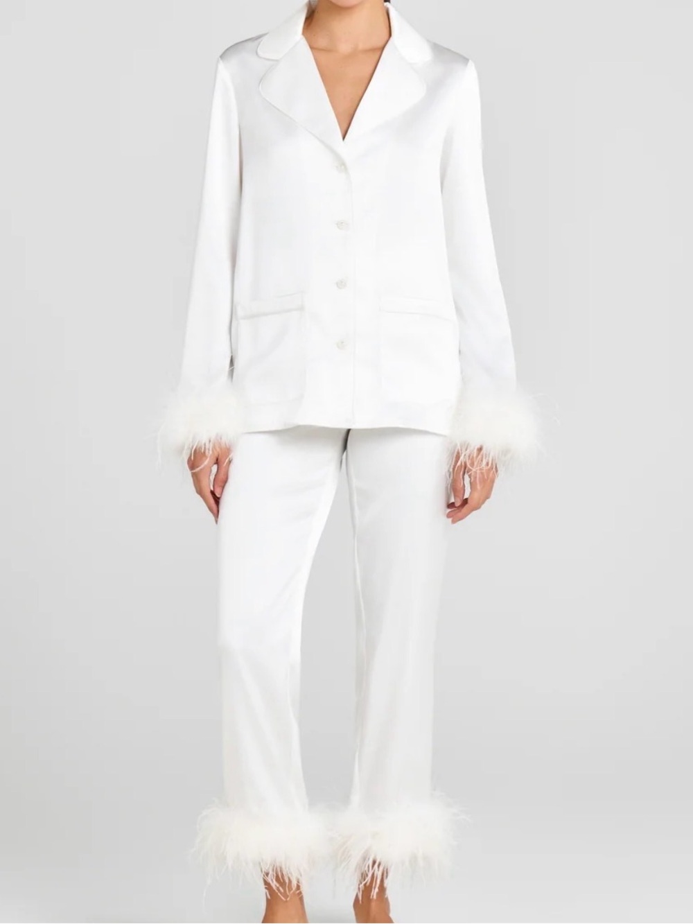NADINE MERABI White Feather-Trim Satin Pajama Set